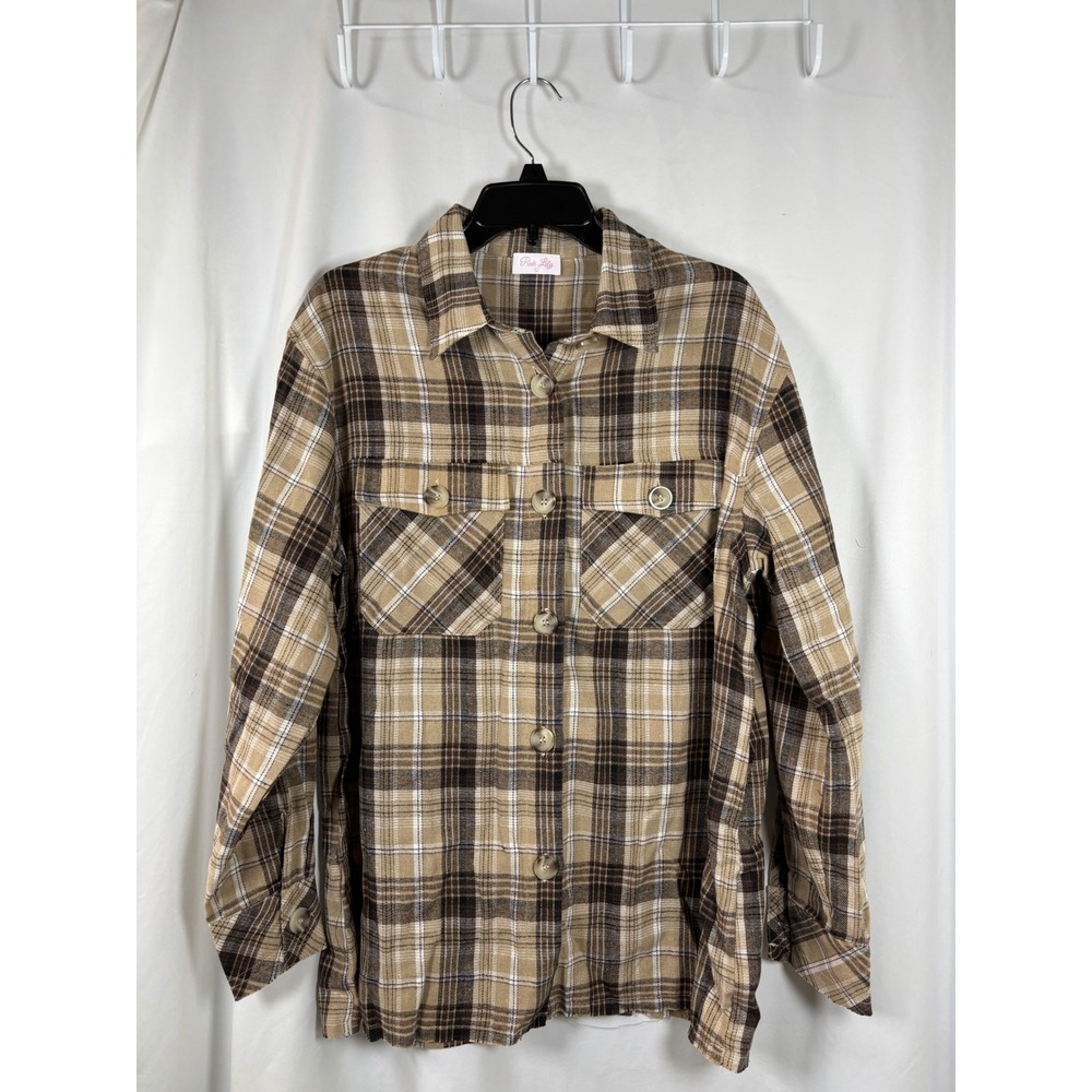 Pink Lily Brown Plaid Button Down Shirt MA403 Womens Large